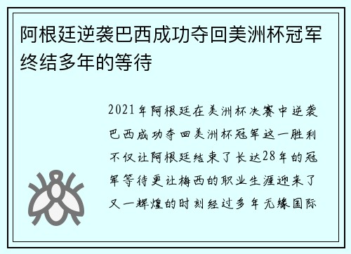 阿根廷逆袭巴西成功夺回美洲杯冠军终结多年的等待